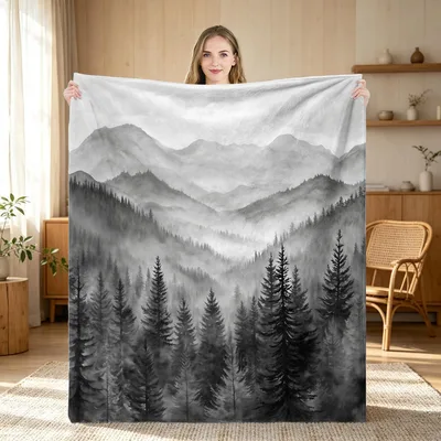 Misty Mountain Forest Blanket: Watercolor Landscape with Pine Trees