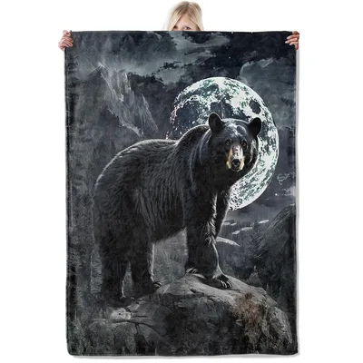 Black Bear Moon Wildlife Blanket: Majestic Bear Under Full Moon