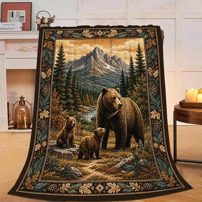 Bear Family Mountain Scene Blanket: Wild Bear Art with Pine Border