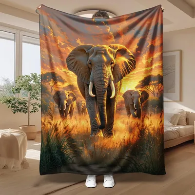Elephant Sunset Safari Blanket: African Herd at Dusk