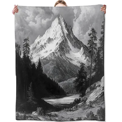 Mountain Landscape Blanket: Vintage Engraved Peak and Forest Scene