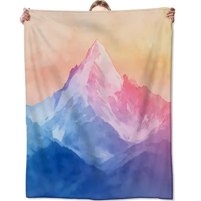 Mountain Landscape Watercolor Blanket: Pink and Blue Peak Art