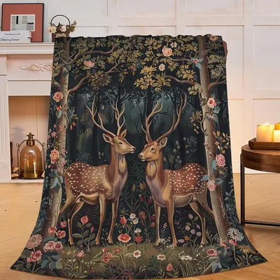 Deer in Rustic Forest Blanket: Vintage Stag Art for Nature Lovers
