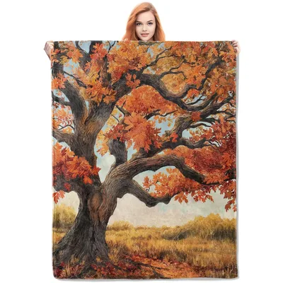 Autumn Oak Tree Landscape Blanket: Cozy Fall Foliage Art for Your Home