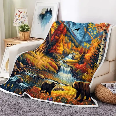 Autumn Forest Mountain Landscape Blanket: Rustic Cabin and Bear Scene