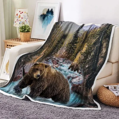Forest Bear River Scene Blanket: Wild Grizzly in a Misty Forest Stream