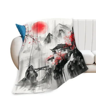 Japanese Mountain Landscape Ink Blanket: Traditional Art Design