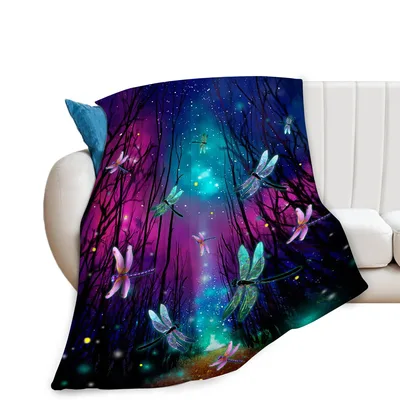 Glowing Dragonflies in Purple Blanket: Enchanted Forest Art