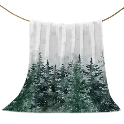 Misty Pine Forest Landscape Blanket: Winter Trees and Snowflakes