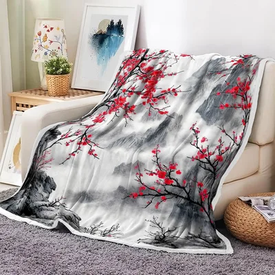 Japanese Cherry Blossom Ink Painting Blanket: Traditional Art Design