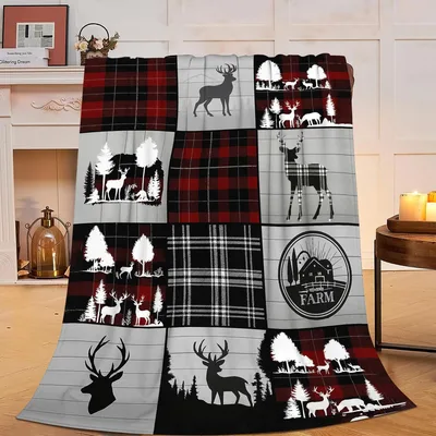 Rustic Cabin Deer Patchwork Blanket: Cozy Plaid and Wildlife Design