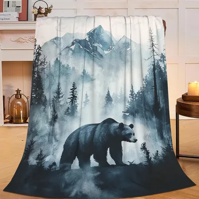Bear in Misty Forest Blanket: A Bear Walking Through Foggy Mountains