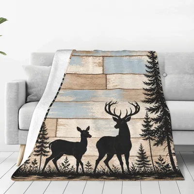 Cabin Deer Silhouettes Blanket: Rustic Wood and Wildlife Art