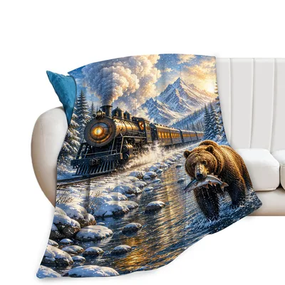 Steam Train Through Mountain Blanket: Bear and Steam Locomotive Art