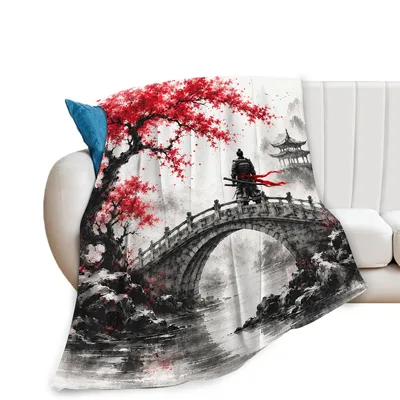 Cherry Blossom Stone Bridge Blanket: Samurai Warrior on Arched Bridge