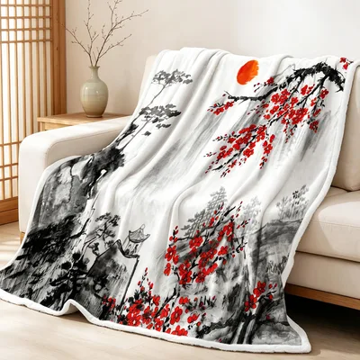 Cherry Blossom Ink Painting Blanket: Traditional Landscape Art Design