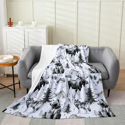 Bears Deer and Pine Blanket: Rustic Wildlife Art for Cabin Living