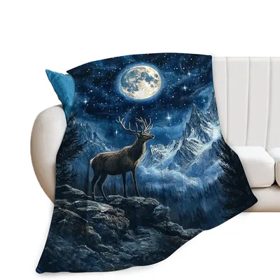 Deer Under Full Moon Blanket: Majestic Stag in Night Landscape