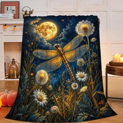 Dragonfly Under Full Moon Blanket: Golden Insect and Dandelions