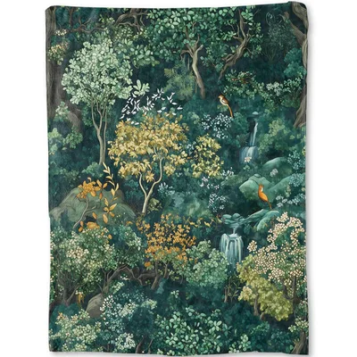 Enchanted Forest Woodland Scene Blanket: Lush Greenery and Birds