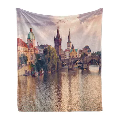 Charles Bridge Prague Landscape Blanket: Gothic Spires and River View