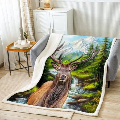 Deer in Mountain Forest Blanket: Majestic Stag with Snowy Peaks