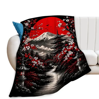 Mount Fuji Cherry Blossom Blanket Japanese Sunset Pagoda Design