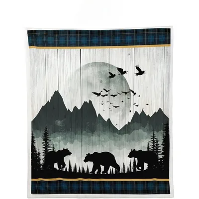 Rustic Mountain Bears Silhouette Blanket for Cabin and Lodge Decor