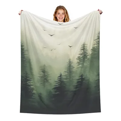 Misty Forest Mountain Landscape Blanket: Woodland Scene with Birds