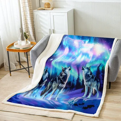 Northern Lights Wolves Aurora Blanket: Howling Wolf Design