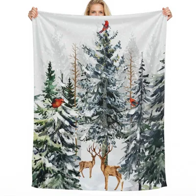 Winter Pine Forest Deer Blanket: Snowy Woods with Cardinals and Stags