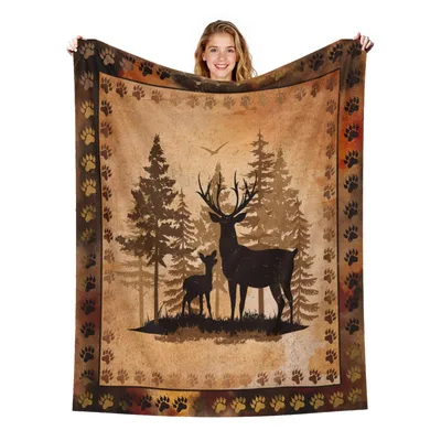Deer in Pine Forest Blanket: Wildlife Silhouette Design