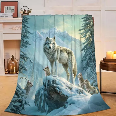 Wolf in Snowy Mountains Blanket No. 2: A Pack on a Rocky Peak
