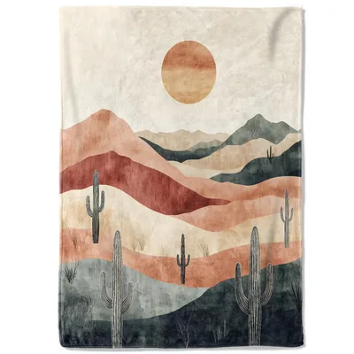 Vintage Desert Sunset Mountains Blanket: Retro Cactus Landscape Throw