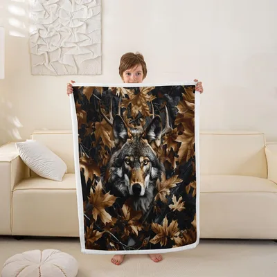 Wolf in Autumn Leaves Blanket: A Realistic Wolf Among Golden Foliage
