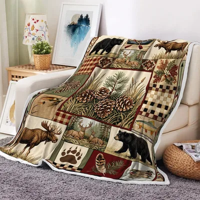 Rustic Lodge Bear Moose Blanket featuring a patchwork design