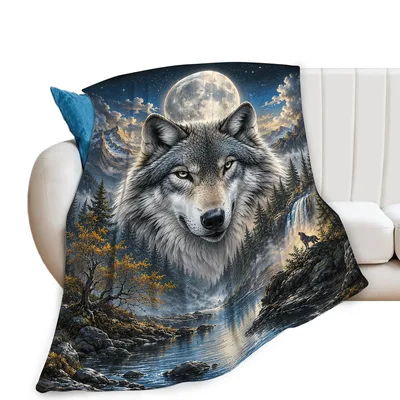 Wolf Under Full Moon Blanket: A Majestic Wolf and Forest Landscape