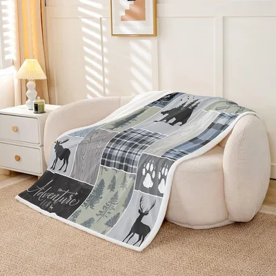 Rustic Woodland Bear Moose Blanket featuring a patchwork design