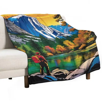 Mountain Lake Autumn Landscape Blanket: Hiker and Valley Scene