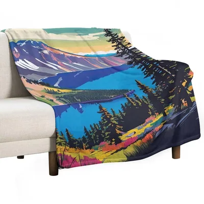 Mountain Lake Sunset Landscape Blanket: Vibrant Retro Scenic Print