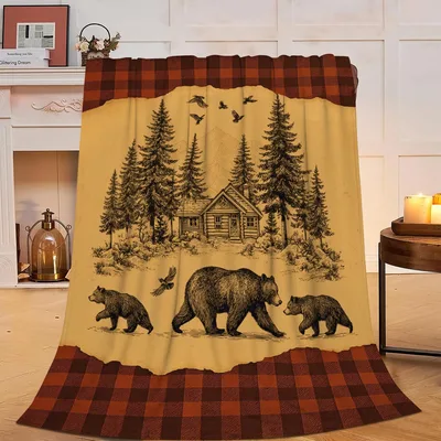 Rustic Cabin with Bears Blanket: Forest Scene with Family of Bears
