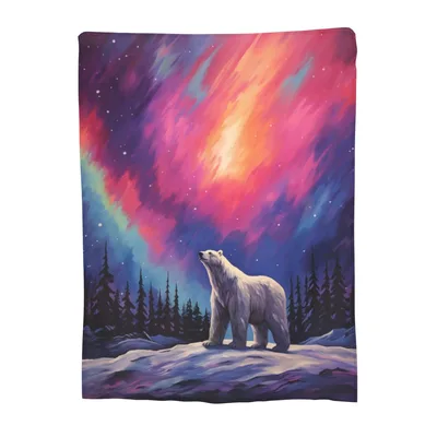 Polar Bear Under Aurora Blanket: Arctic Bear Staring at Colorful Sky