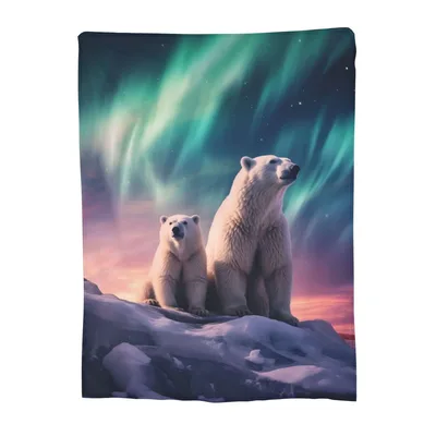 Polar Bear Family Under Blanket: Aurora Borealis Wildlife Art
