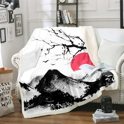 Mount Fuji Cherry Branches Blanket: Ink Painting Art for Home