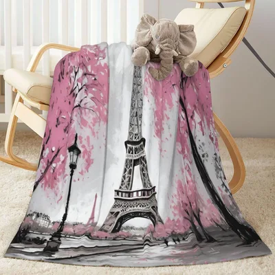 Eiffel Tower Pink Trees Blanket: Parisian Art with Cherry Blossoms