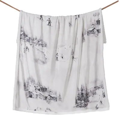 Ski Toile Pattern Scene Blanket: A Winter Village Illustration