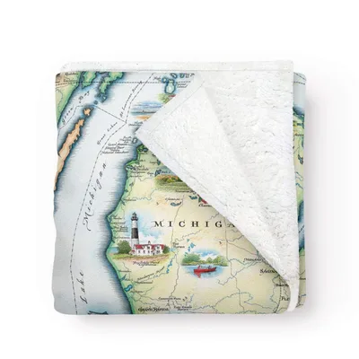 Michigan State Map Art Blanket: Vintage Lighthouse and Lake Design