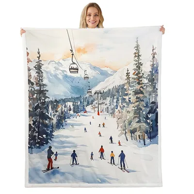 Watercolor Ski Lift Mountain Blanket: Snowy Slopes and Pine Trees