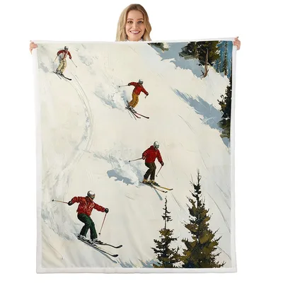 Skier on Snowy Slope Blanket: Watercolor Art of Winter Descents