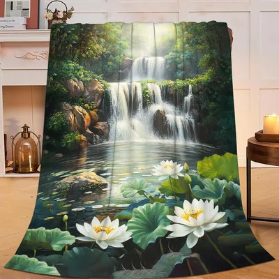 Lotus Pond Blanket: Waterfall Scenery Throw for Nature Lovers
